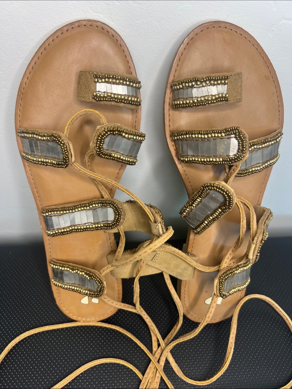 Tan Beaded Lace-Up Women's Sandals